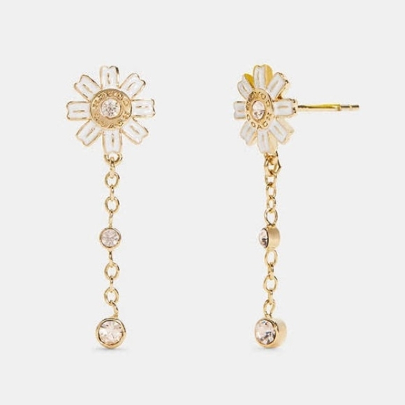Coach White Daisy Enamel Gold Drop Earrings - Picture 1 of 5